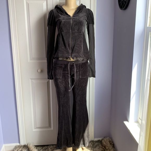 Juicy Couture Track Suit Set Jacket & Pants Velour S/P Dark Gray - Picture 2 of 16